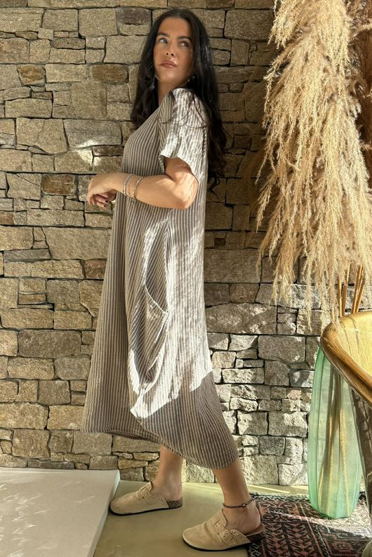 Salcombe Chalk Stripe Cotton Cocoon Dress Mocha